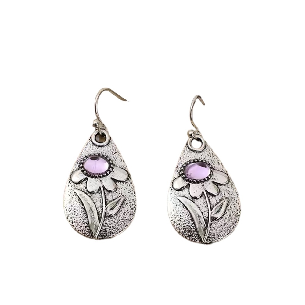 Silver and Amethyst Flower Teardrop Drop Earrings